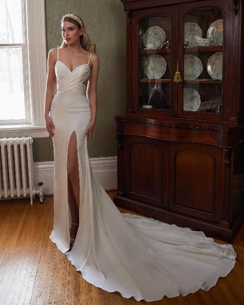La23251 simple satin wedding dress with slit and spaghetti straps1